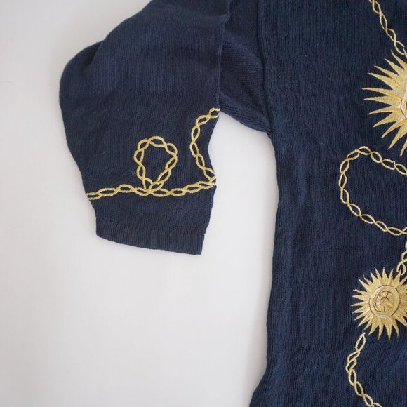 Vintage Maggie Lawrence Navy Gold Sun Chain Embroidered Knit Cardigan 22/24 - Picture 8 of 13
